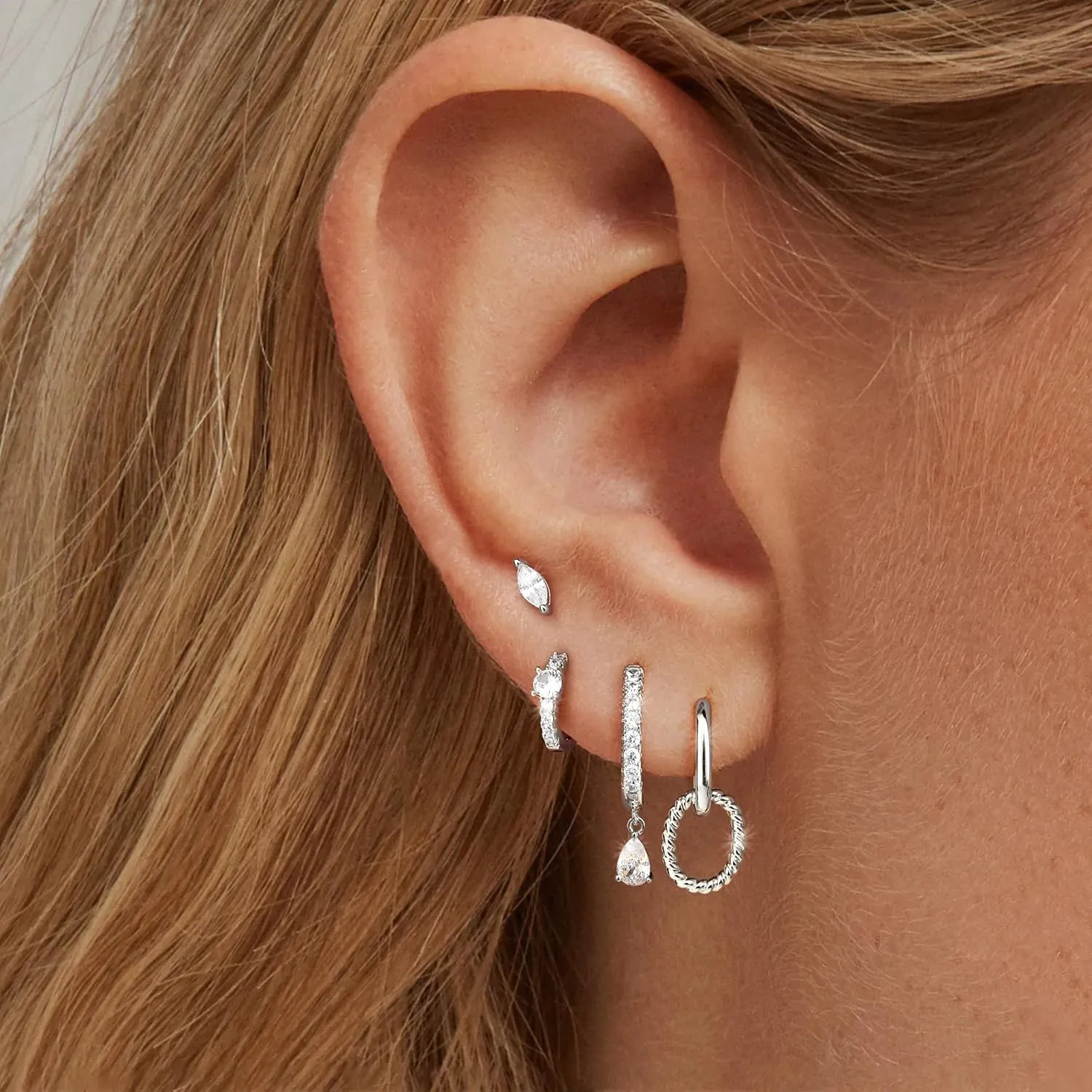 MILACOLATO 4 Pairs Silver Earrings for Women Trendy, 14K Gold Filled/Sterling Silver Plated Hypoallergenic Stud Huggie Hoop Earrings, Lightweight Gold Cartilage Earrings Stacks for Multiple Piercing Jewelry Gifts