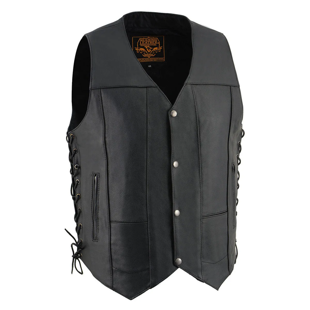 Milwaukee Leather SH1391 Men's Black Leather 10 Pocket V-Neck Side