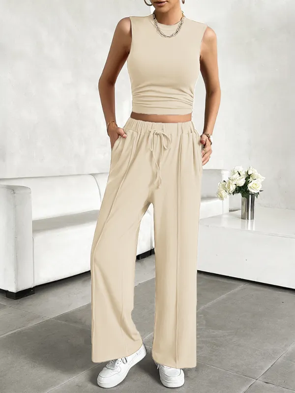 New Casual Round Neck Sleeveless Top & Trousers Two-Piece Suit