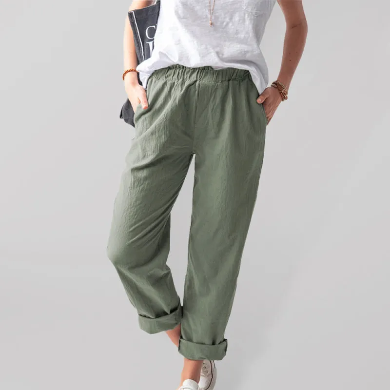 New style solid color casual elastic high waist straight trousers women
