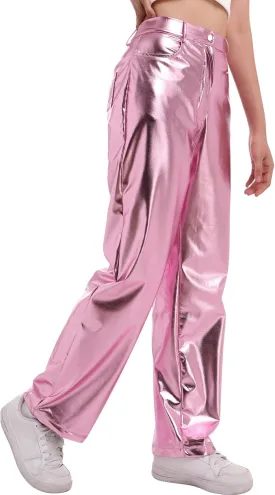 ODIZLI Pettie Women's Shiny Metallic Holographic High Waist Straight Leg Faux Leather Pants with Pockets