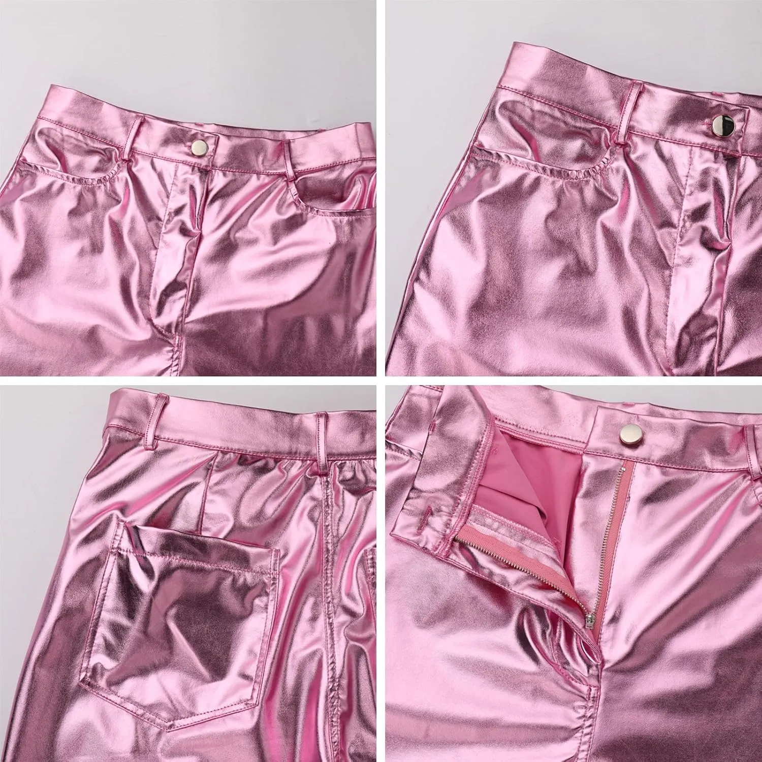 ODIZLI Pettie Women's Shiny Metallic Holographic High Waist Straight Leg Faux Leather Pants with Pockets