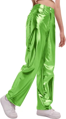 ODIZLI Pettie Women's Shiny Metallic Holographic High Waist Straight Leg Faux Leather Pants with Pockets