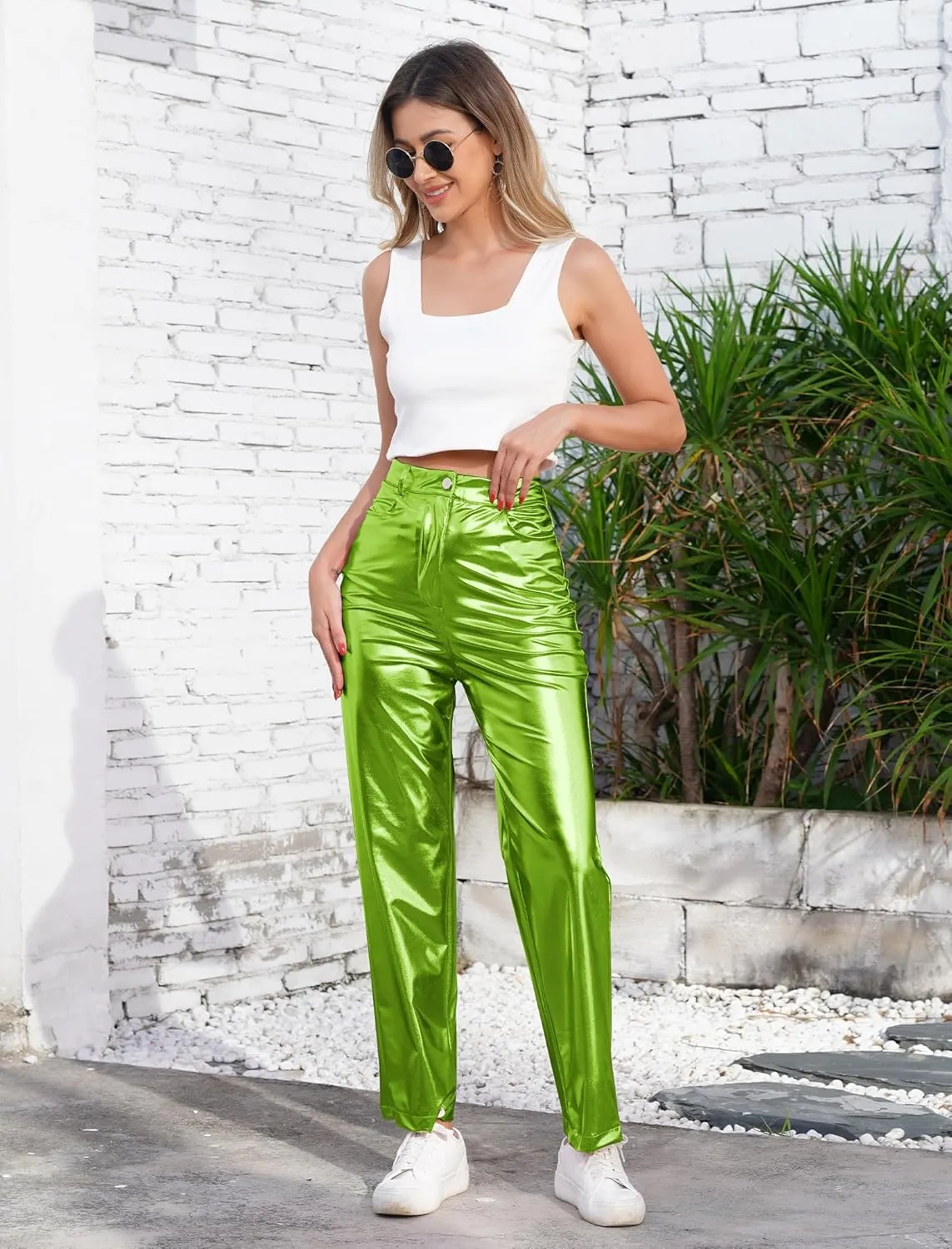 ODIZLI Pettie Women's Shiny Metallic Holographic High Waist Straight Leg Faux Leather Pants with Pockets