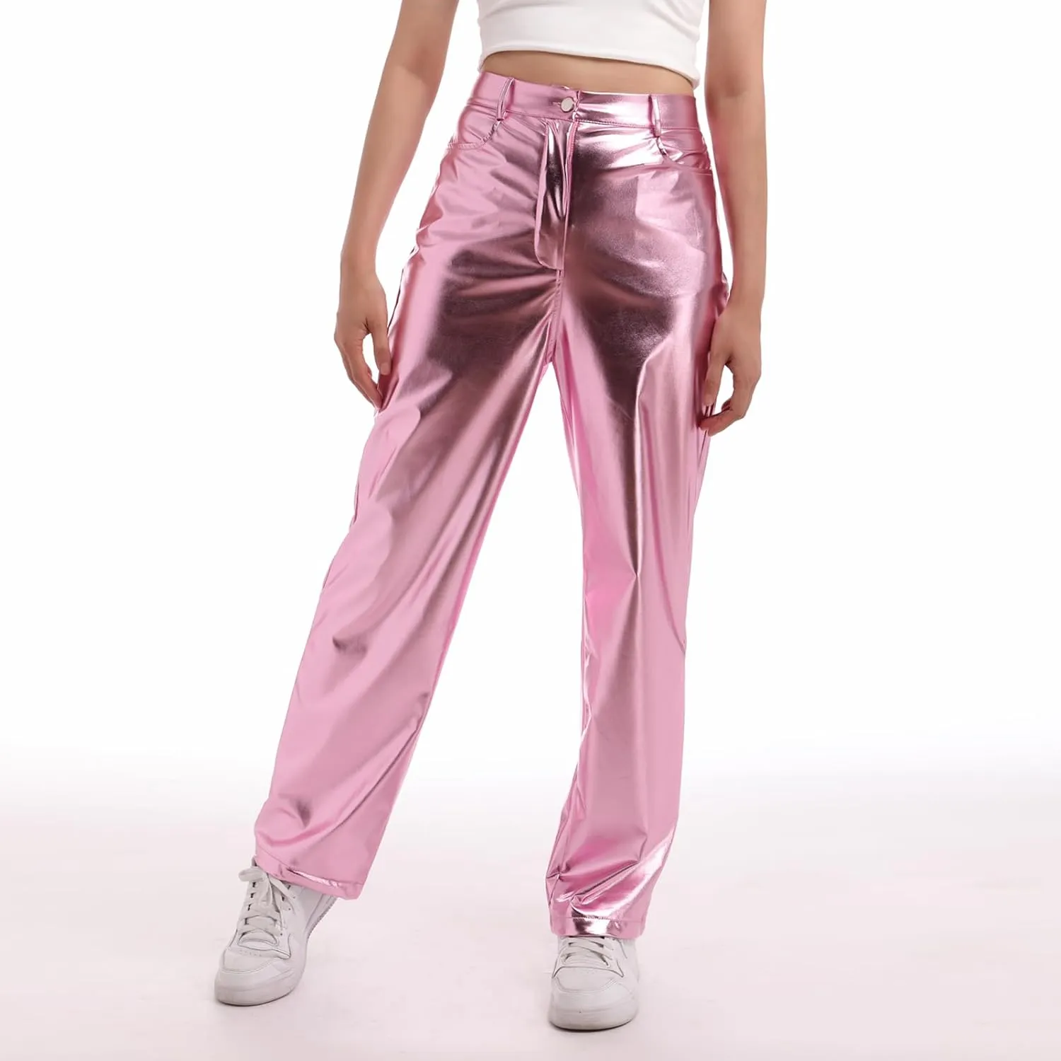 ODIZLI Pettie Women's Shiny Metallic Holographic High Waist Straight Leg Faux Leather Pants with Pockets