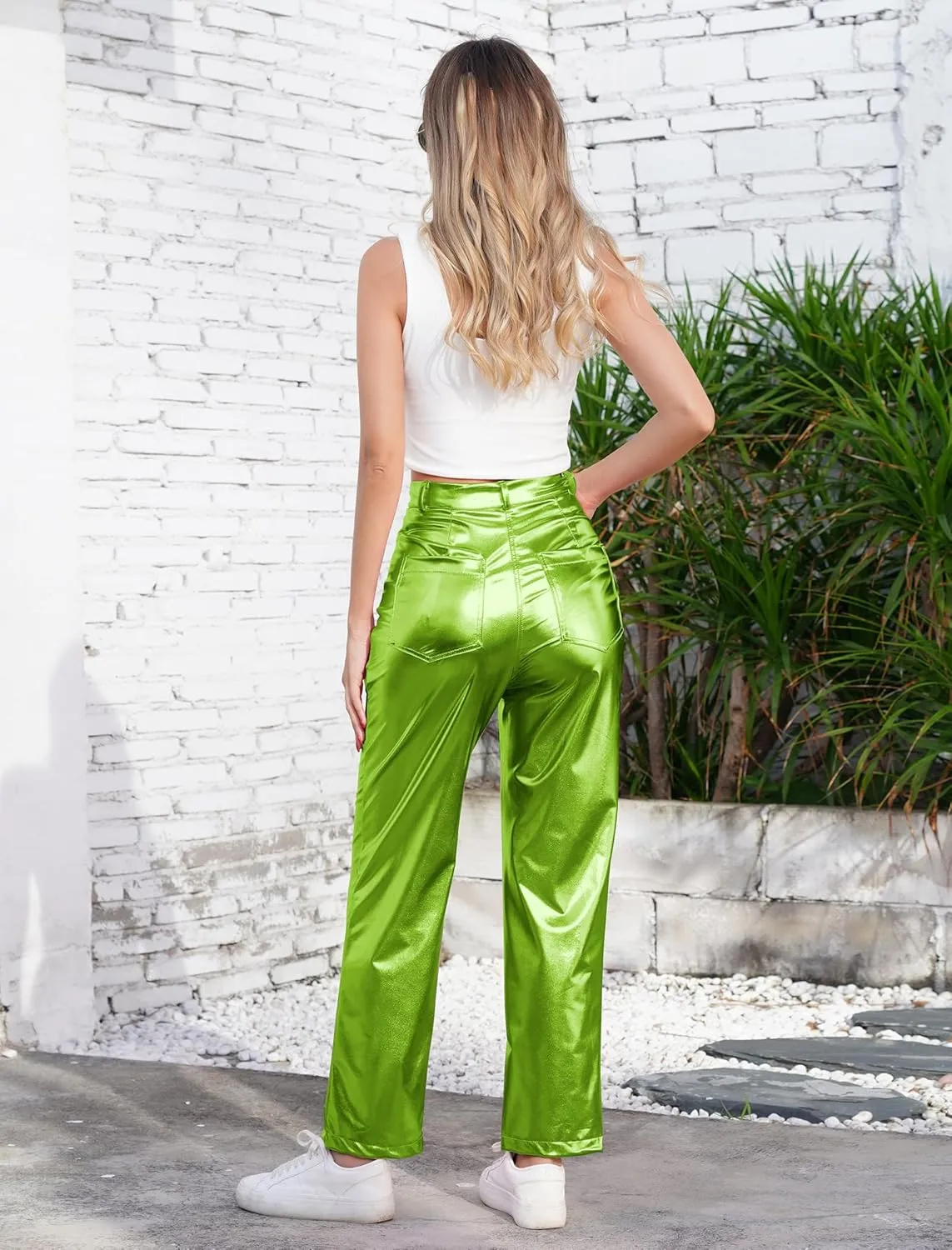 ODIZLI Pettie Women's Shiny Metallic Holographic High Waist Straight Leg Faux Leather Pants with Pockets
