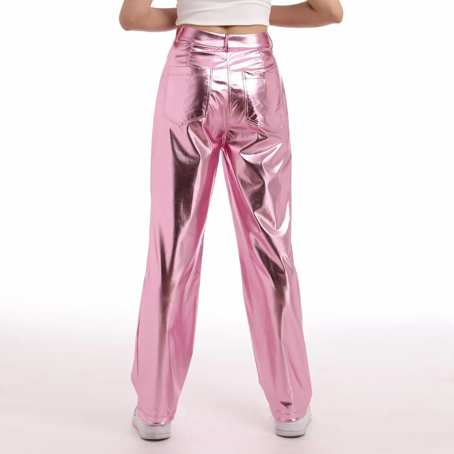 ODIZLI Pettie Women's Shiny Metallic Holographic High Waist Straight Leg Faux Leather Pants with Pockets