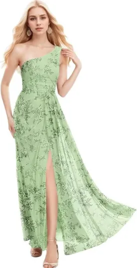 One Shoulder Floral Bridesmaid Dresses 2025 Curvy Prom Dress with Slit Long Chiffon Wedding Guest Dresses Summer