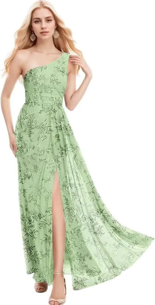 One Shoulder Floral Bridesmaid Dresses 2025 Curvy Prom Dress with Slit Long Chiffon Wedding Guest Dresses Summer