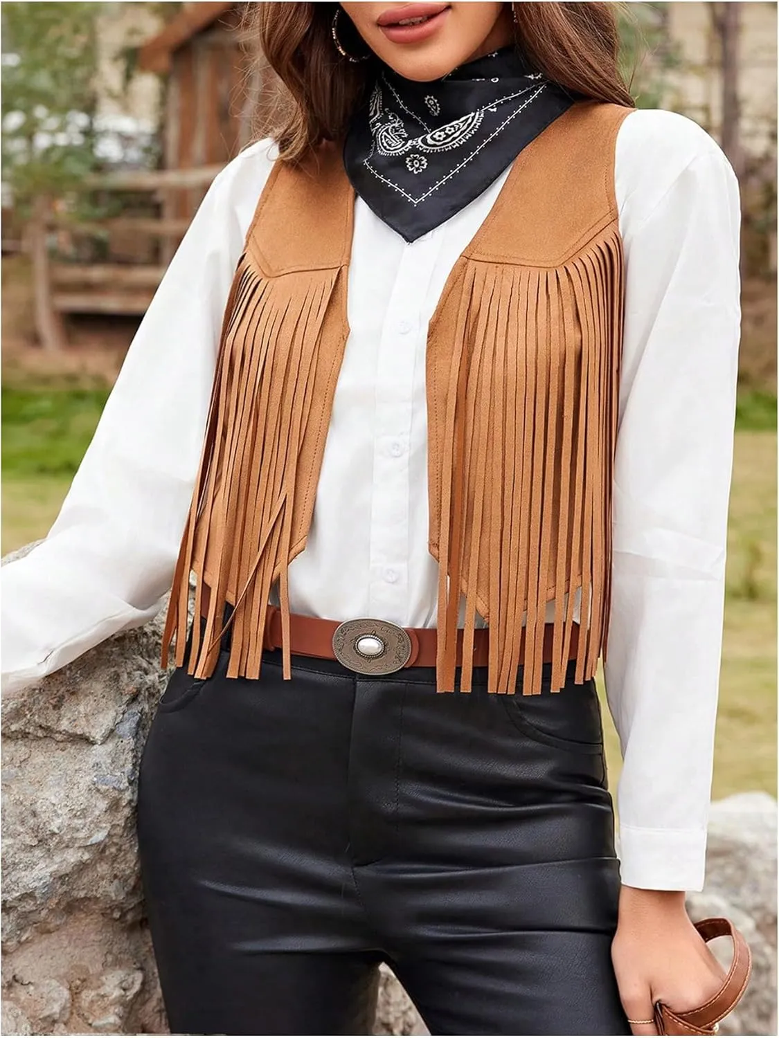 OYOANGLE Women's Fringe Open Front Sleeveless Crop Vests Tassel 70s Vintage Jackets Outerwear