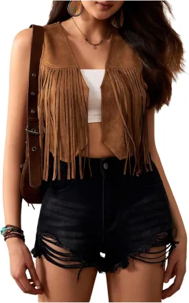 OYOANGLE Women's Fringe Open Front Sleeveless Crop Vests Tassel 70s Vintage Jackets Outerwear