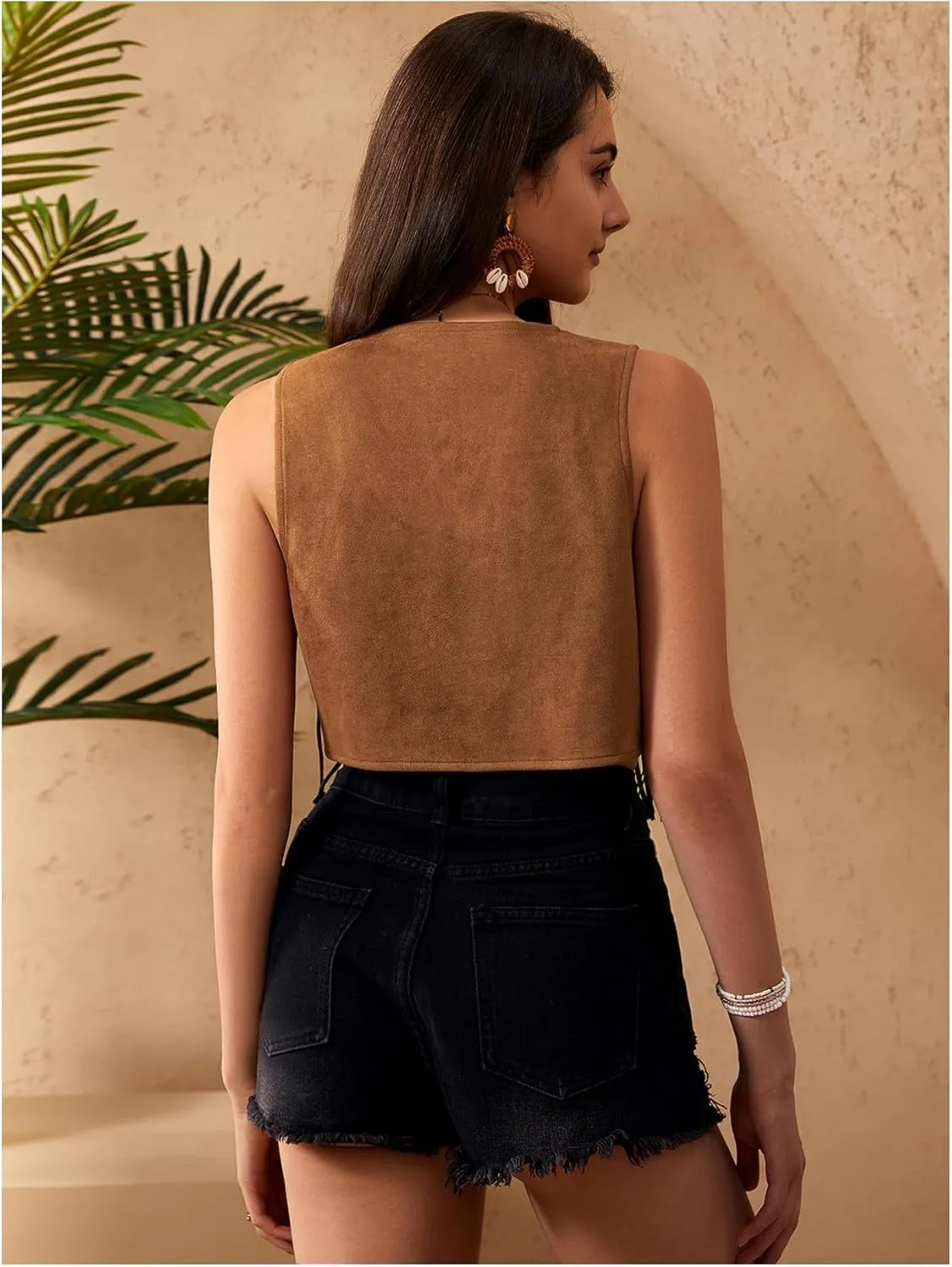 OYOANGLE Women's Fringe Open Front Sleeveless Crop Vests Tassel 70s Vintage Jackets Outerwear