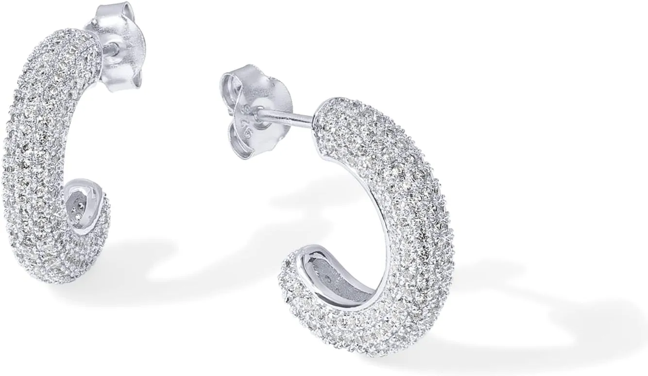 PAVOI 14K Gold Plated 925 Sterling Silver Post Cubic Zirconia Chunky Hoop Earrings - Thick Lightweight Gold Earrings for Women - Fully Studded Hoop