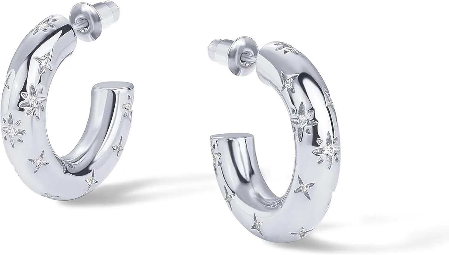 PAVOI 14K Gold Plated Star Shine Hoop Earrings for Women | Cubic Zirconia Celestial Chunky Hoops Earrings