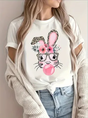 Rabbit Print Crew Neck Top for Women - Casual Short Sleeve T-shirt for Spring & Summer