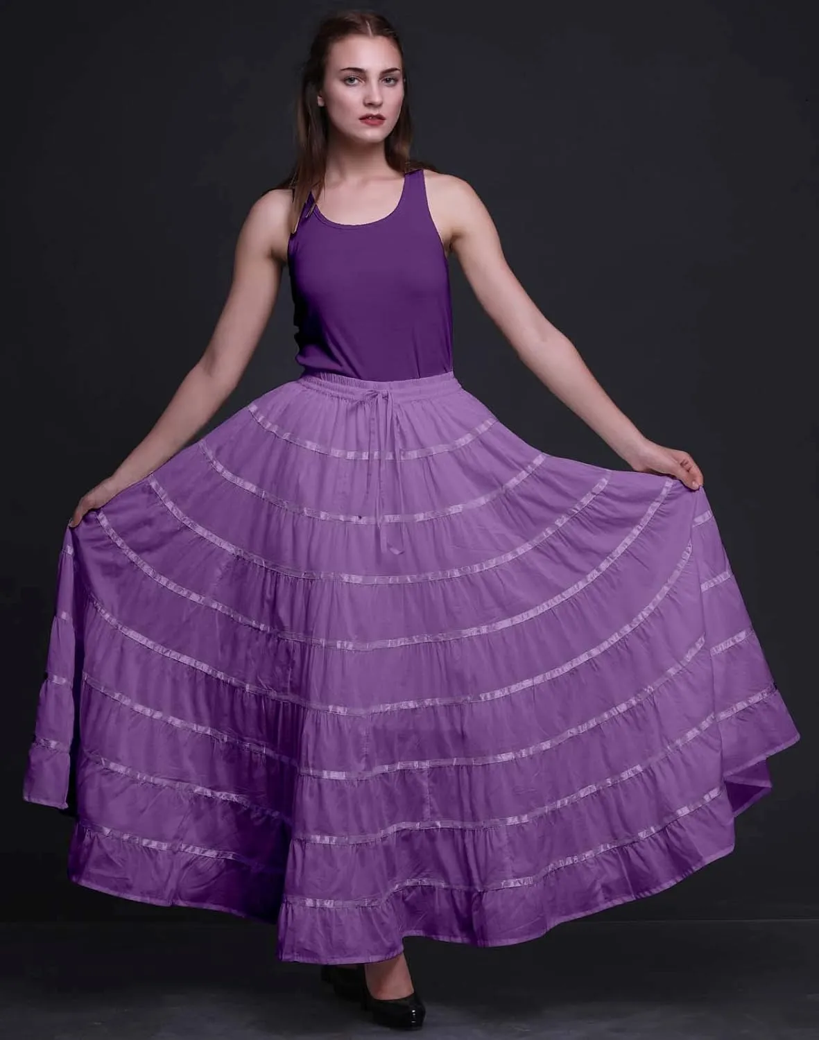 Solid Long Maxi Cotton Beach Wear Skirt for Women Elastic Waist Skirt Summer Wear
