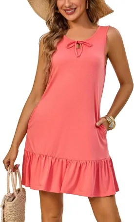 Summer Dresses: Rope Tie Neck Sleeveless Pockets Sundresses - Chic & Casual Dress for Women on Beach Time