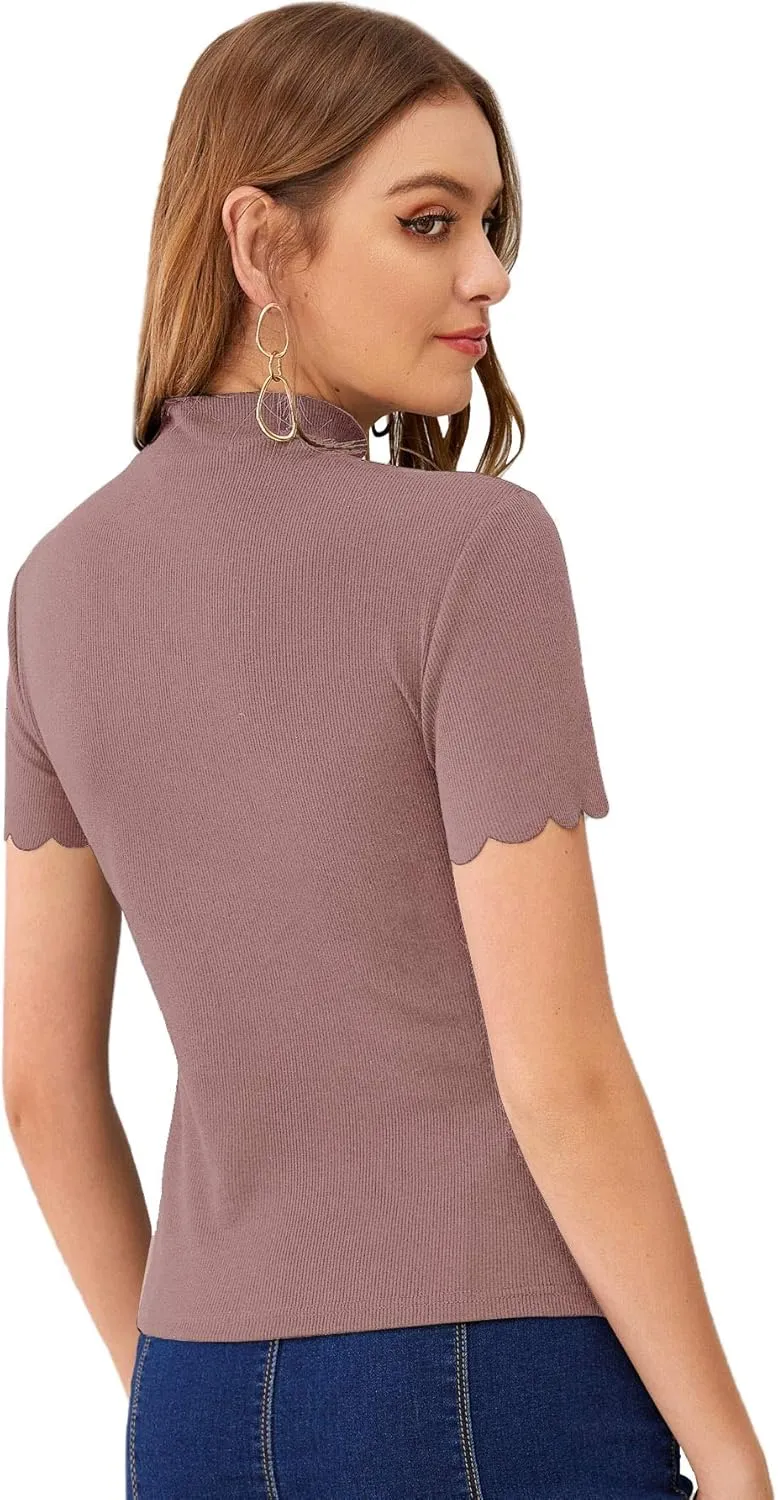 SweatyRocks Women's Mock Neck Ribbed Knit Scallop Short Sleeve T Shirt Tops