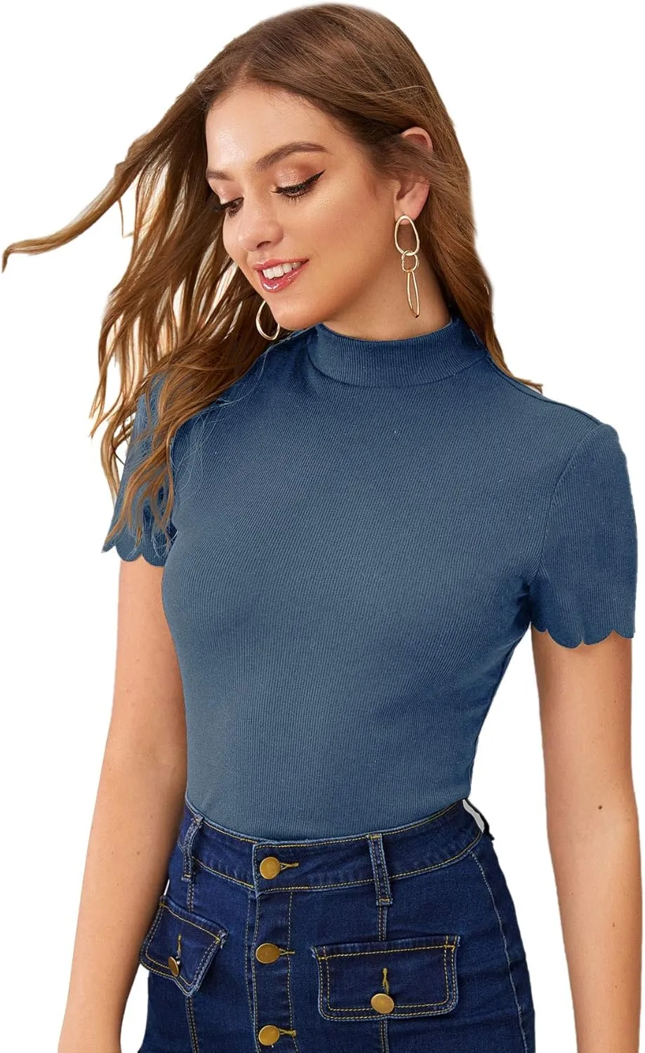 SweatyRocks Women's Mock Neck Ribbed Knit Scallop Short Sleeve T Shirt Tops