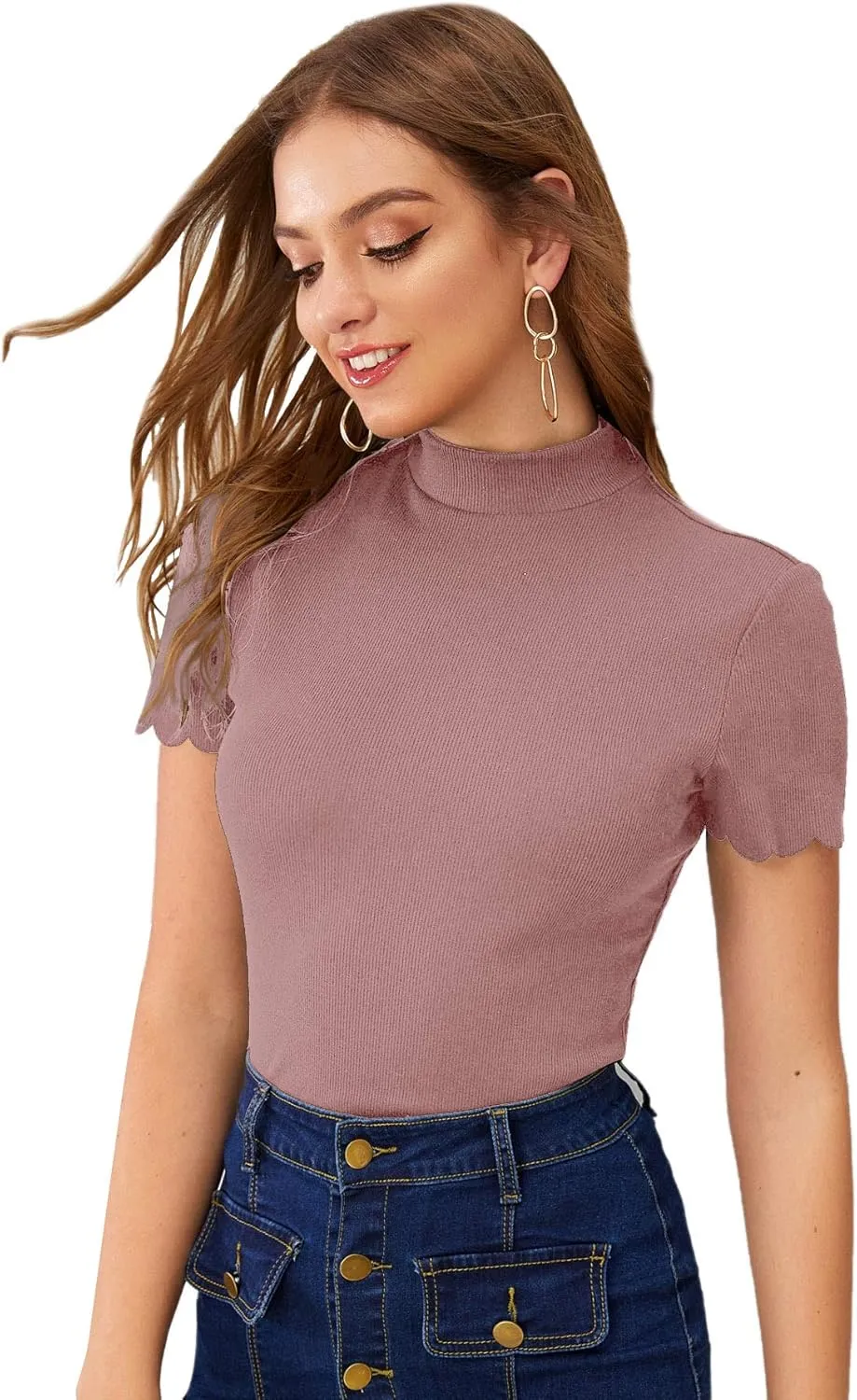 SweatyRocks Women's Mock Neck Ribbed Knit Scallop Short Sleeve T Shirt Tops