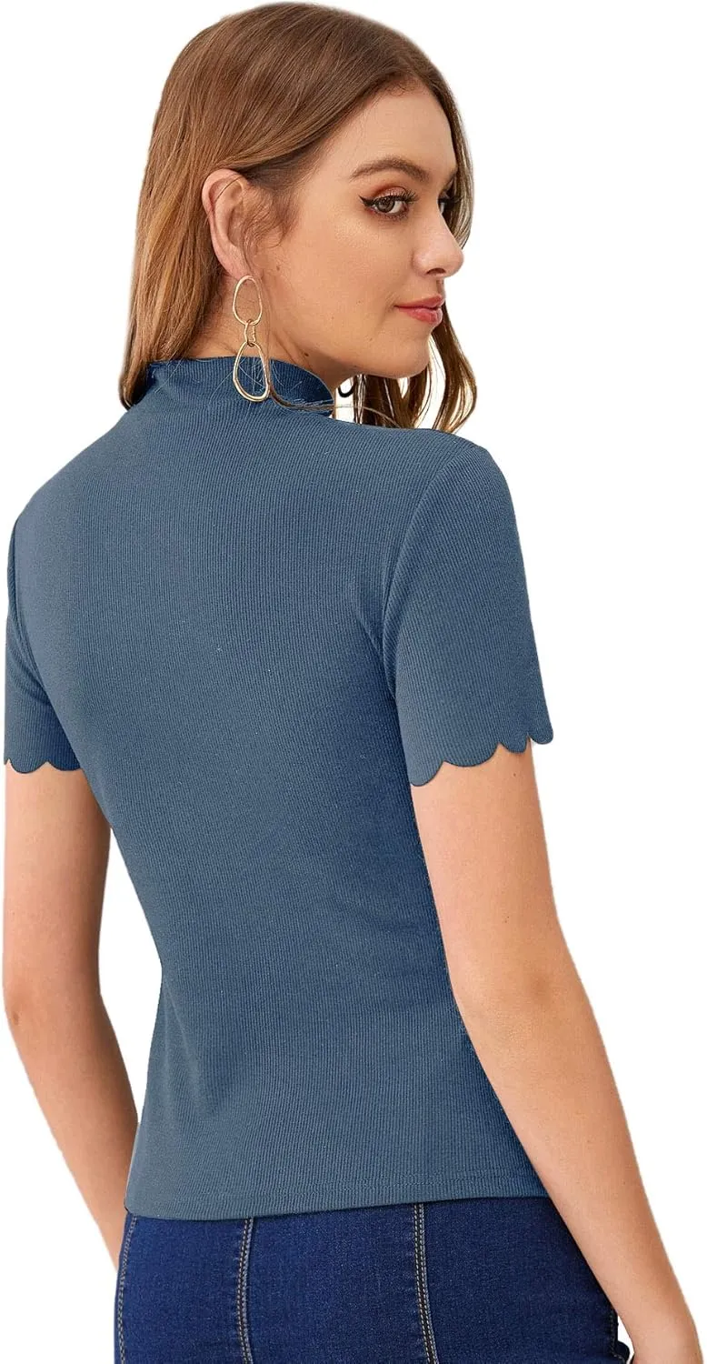 SweatyRocks Women's Mock Neck Ribbed Knit Scallop Short Sleeve T Shirt Tops