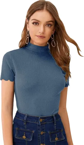 SweatyRocks Women's Mock Neck Ribbed Knit Scallop Short Sleeve T Shirt Tops