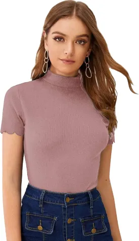 SweatyRocks Women's Mock Neck Ribbed Knit Scallop Short Sleeve T Shirt Tops