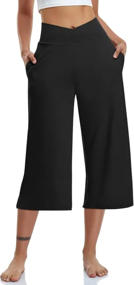 TARSE Womens Casual Wide Leg Yoga Capris Crossover High Waist Capri Pants Loose Soft Pajama Pockets Sweatpants