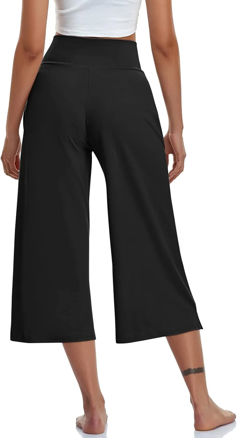 TARSE Womens Casual Wide Leg Yoga Capris Crossover High Waist Capri Pants Loose Soft Pajama Pockets Sweatpants