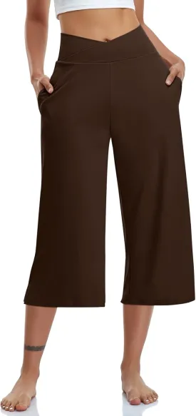 TARSE Womens Casual Wide Leg Yoga Capris Crossover High Waist Capri Pants Loose Soft Pajama Pockets Sweatpants