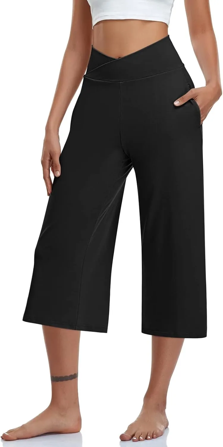 TARSE Womens Casual Wide Leg Yoga Capris Crossover High Waist Capri Pants Loose Soft Pajama Pockets Sweatpants