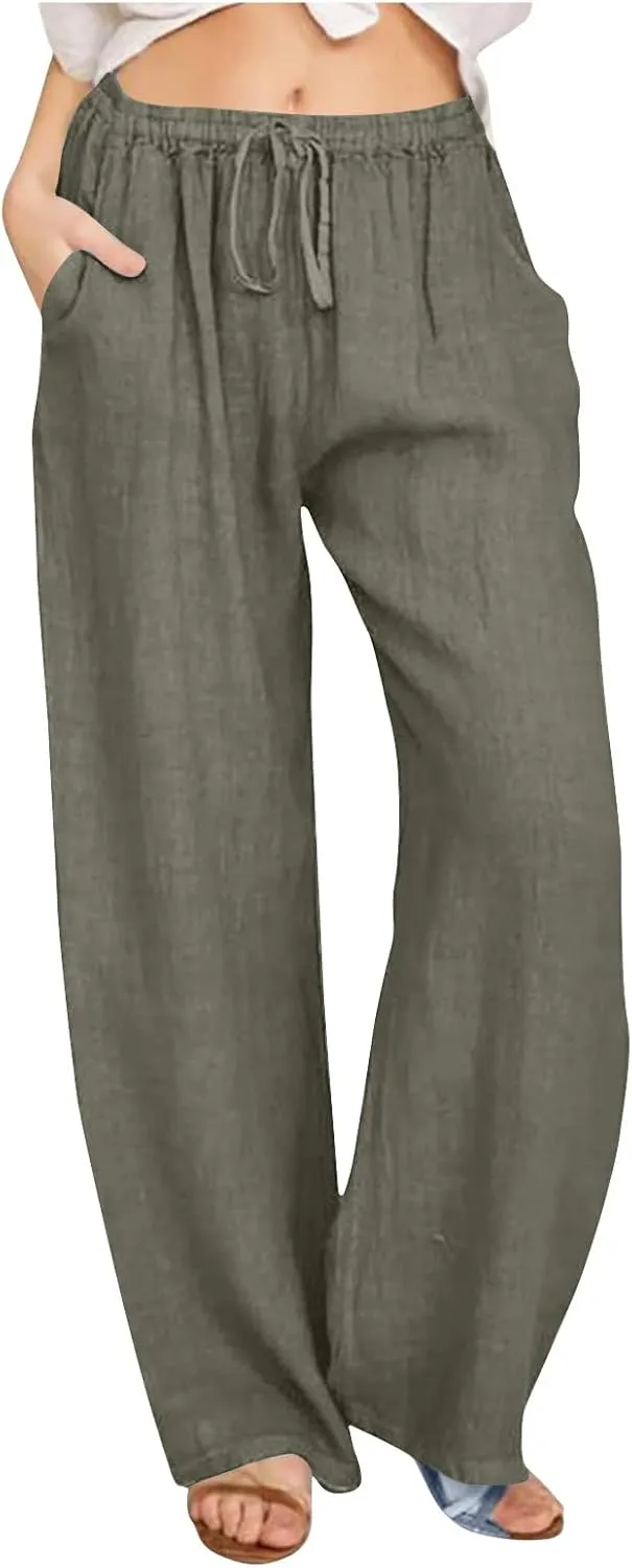 TUNUSKAT Womens Wide Leg Linen Pants Summer High Waist Cotton Palazzo Trousers Lounge Flowy Boho Slacks Beach Travel Outfits