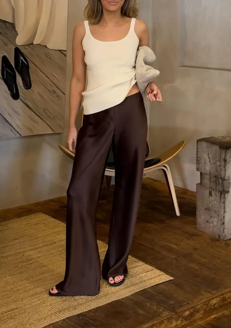 UAURORAO Satin Pants for Women Dressy Silk Wide Leg Lounge Pants Elastic Drawstring Casual Long Flowy Trousers