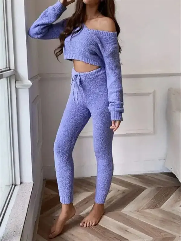 V-neck short knitted sweater women’s drawstring lace-up trousers fashion suit