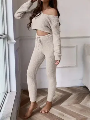V-neck short knitted sweater women’s drawstring lace-up trousers fashion suit