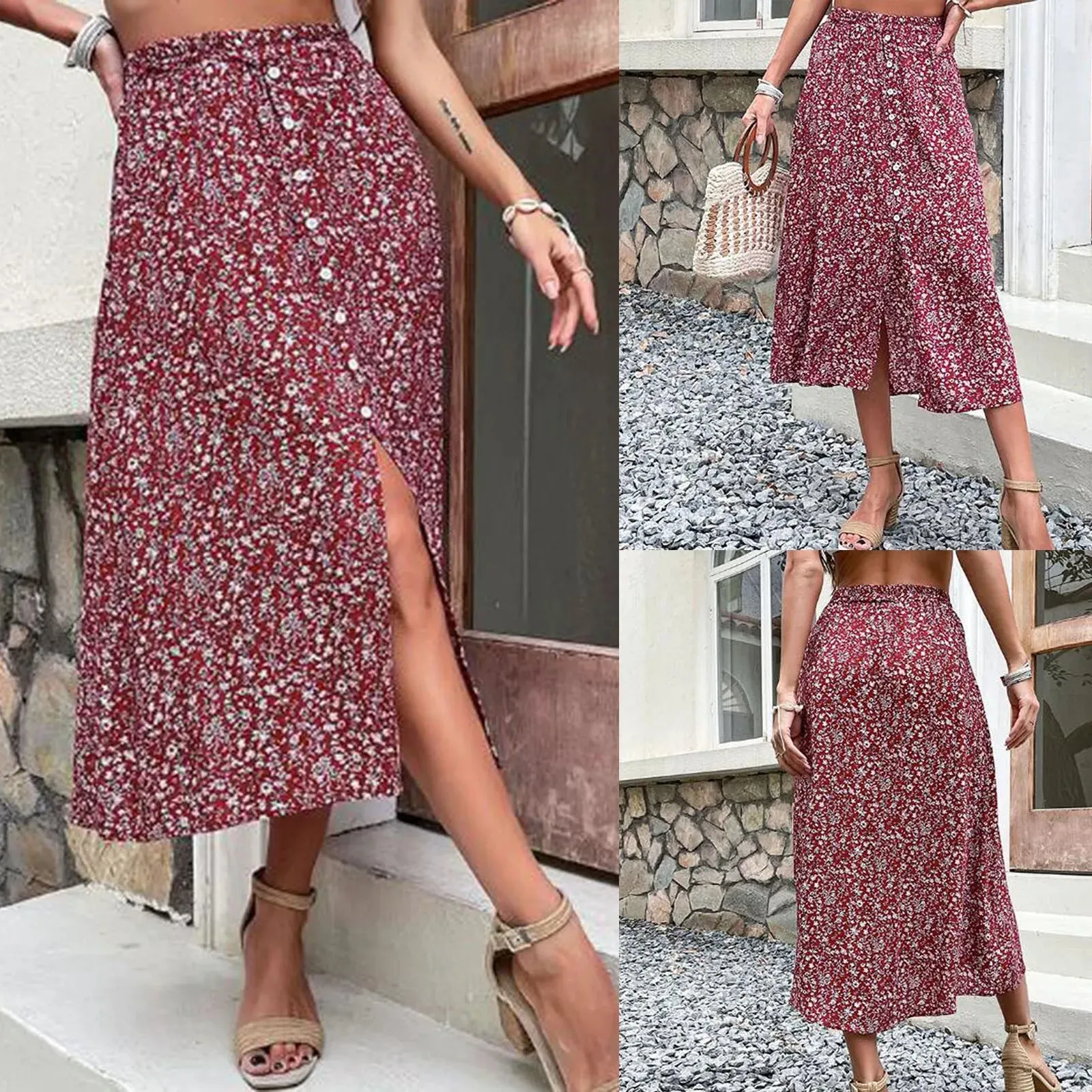 Vintage Bohemian Style Casual Buttons Vacation 2024 Summer Skirt