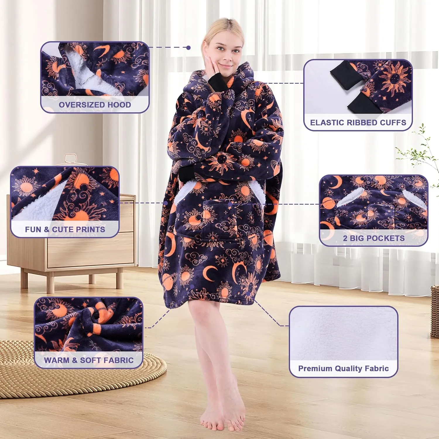 Wearable Blanket Hoodie for Adult Women, Oversized Sherpa Fleece Hooded Sweatshirt Blanket, Cozy Blanket Hoodie with Sleeves, Blanket Hoodie for Winter Gift (Standard, Blue Sky)