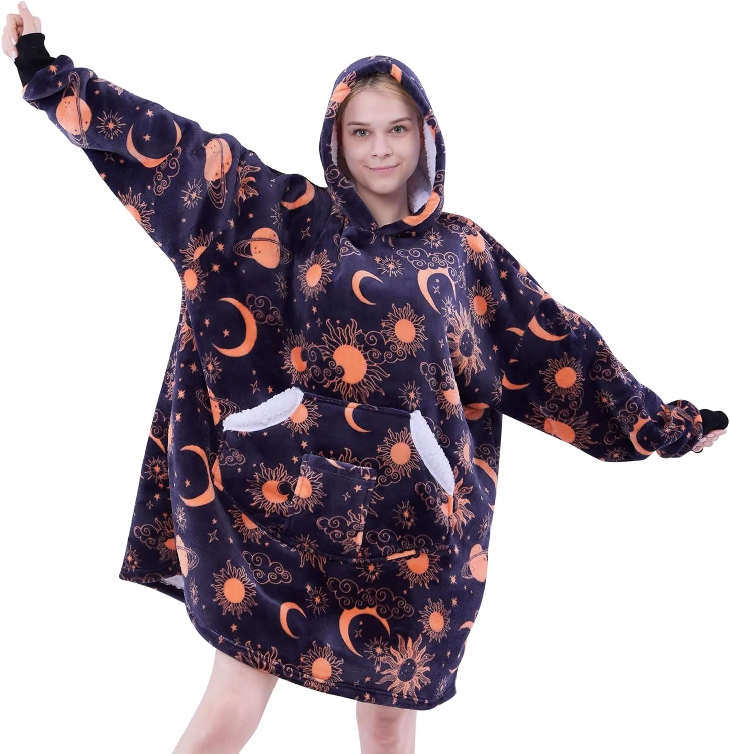 Wearable Blanket Hoodie for Adult Women, Oversized Sherpa Fleece Hooded Sweatshirt Blanket, Cozy Blanket Hoodie with Sleeves, Blanket Hoodie for Winter Gift (Standard, Blue Sky)