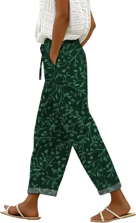 Wide Leg Pants for Women Summer Casual Floral Linen Pants Elastic Waist Drawstring Trousers with Pockets