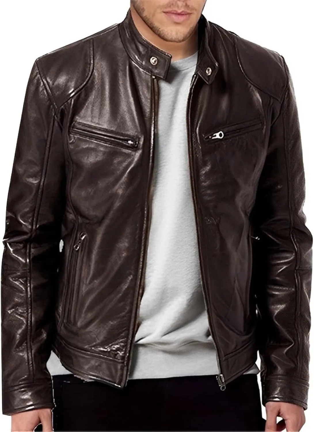 Winter Jackets for Men Loose Solid Color Zip PU Leather Jacket Short Lapel Motorcycle Leather Jacket Coat Leather