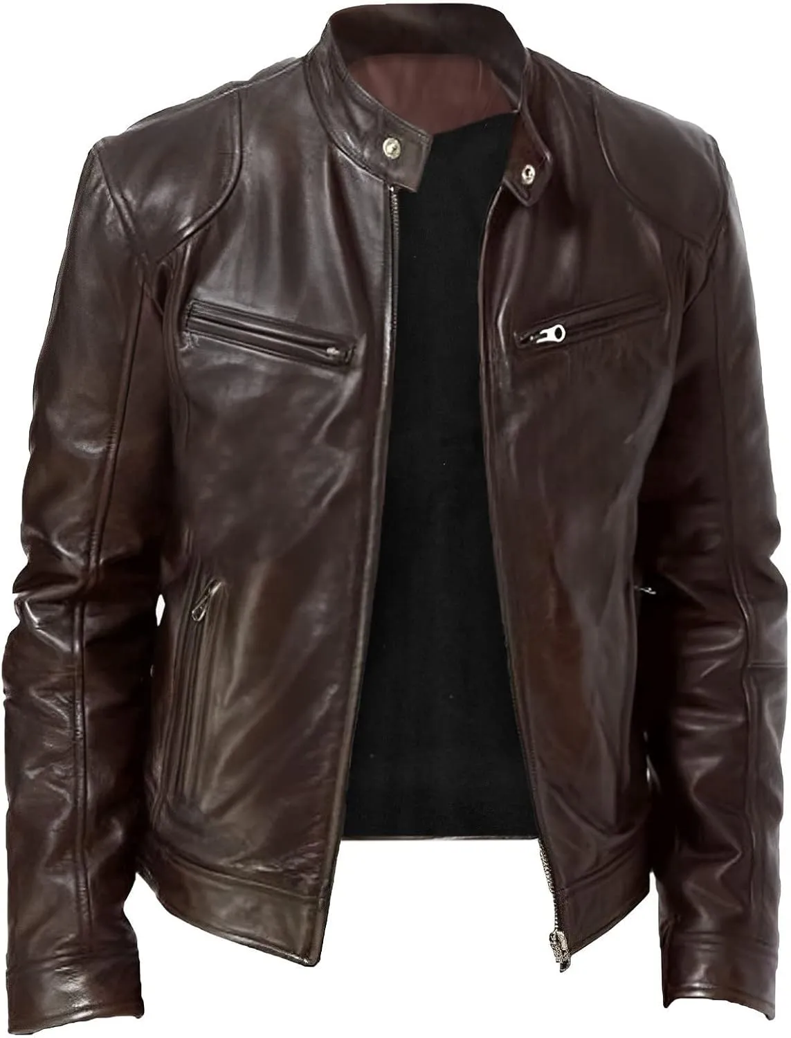 Winter Jackets for Men Loose Solid Color Zip PU Leather Jacket Short Lapel Motorcycle Leather Jacket Coat Leather