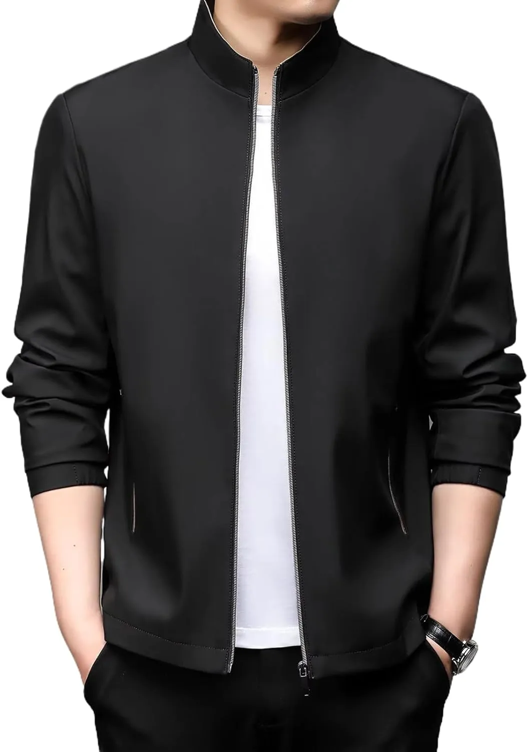 WOLONG Spring Autumn Men's Business Casual Jacket Solid Color Stand Collar Coat