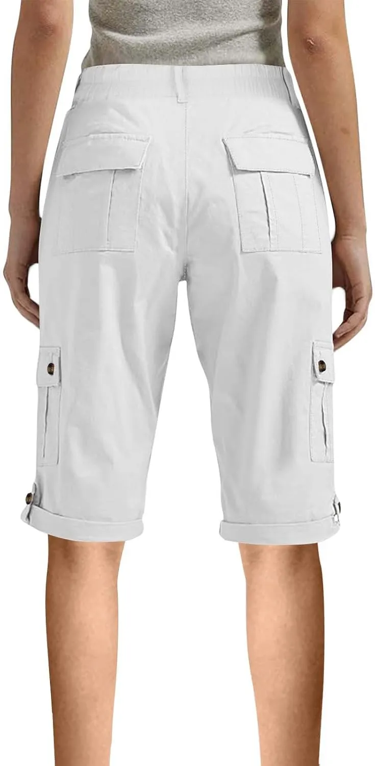 Women Cargo Capri Pants Summer Casual Cuffed Hem Capris Stretch Elastic Waist Cuffed Hem Cropped Pants with Pockets