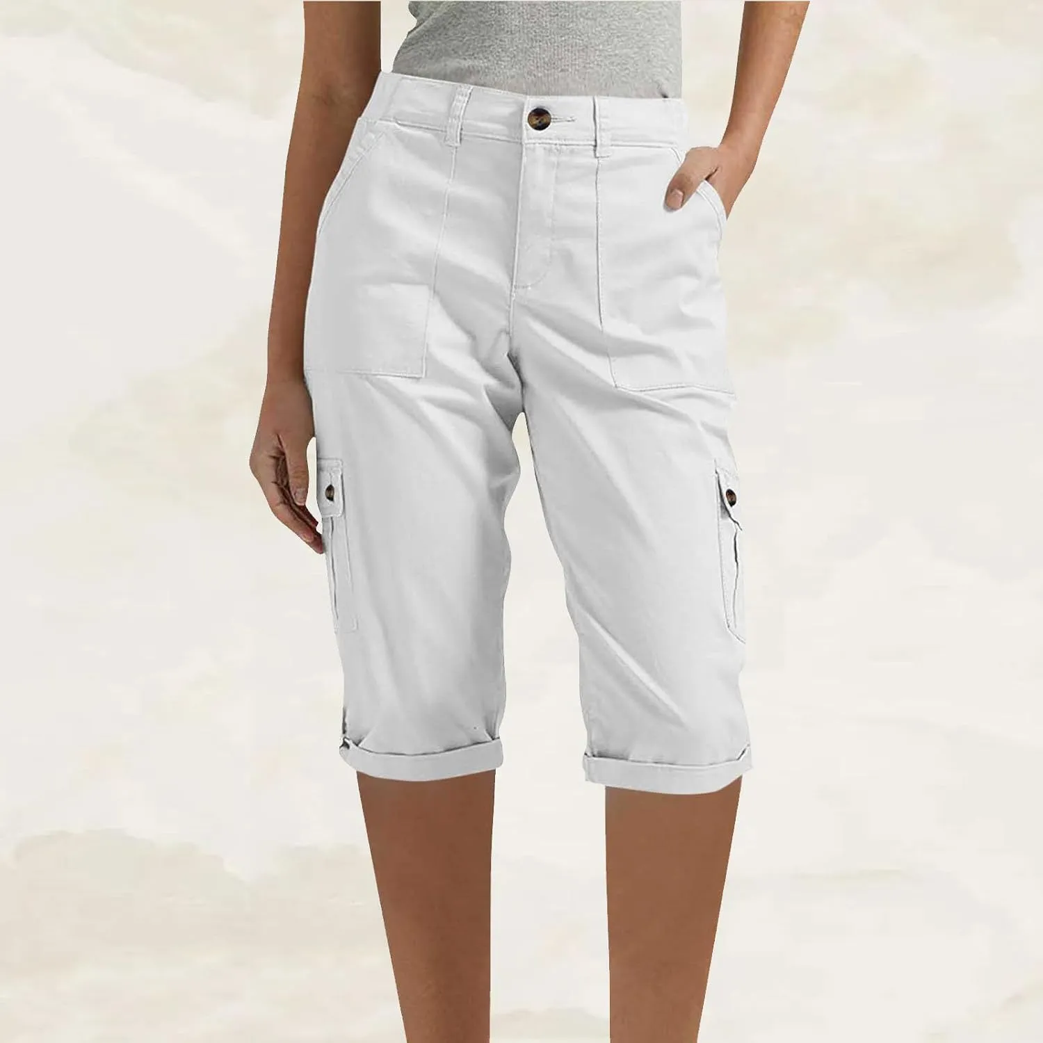 Women Cargo Capri Pants Summer Casual Cuffed Hem Capris Stretch Elastic Waist Cuffed Hem Cropped Pants with Pockets