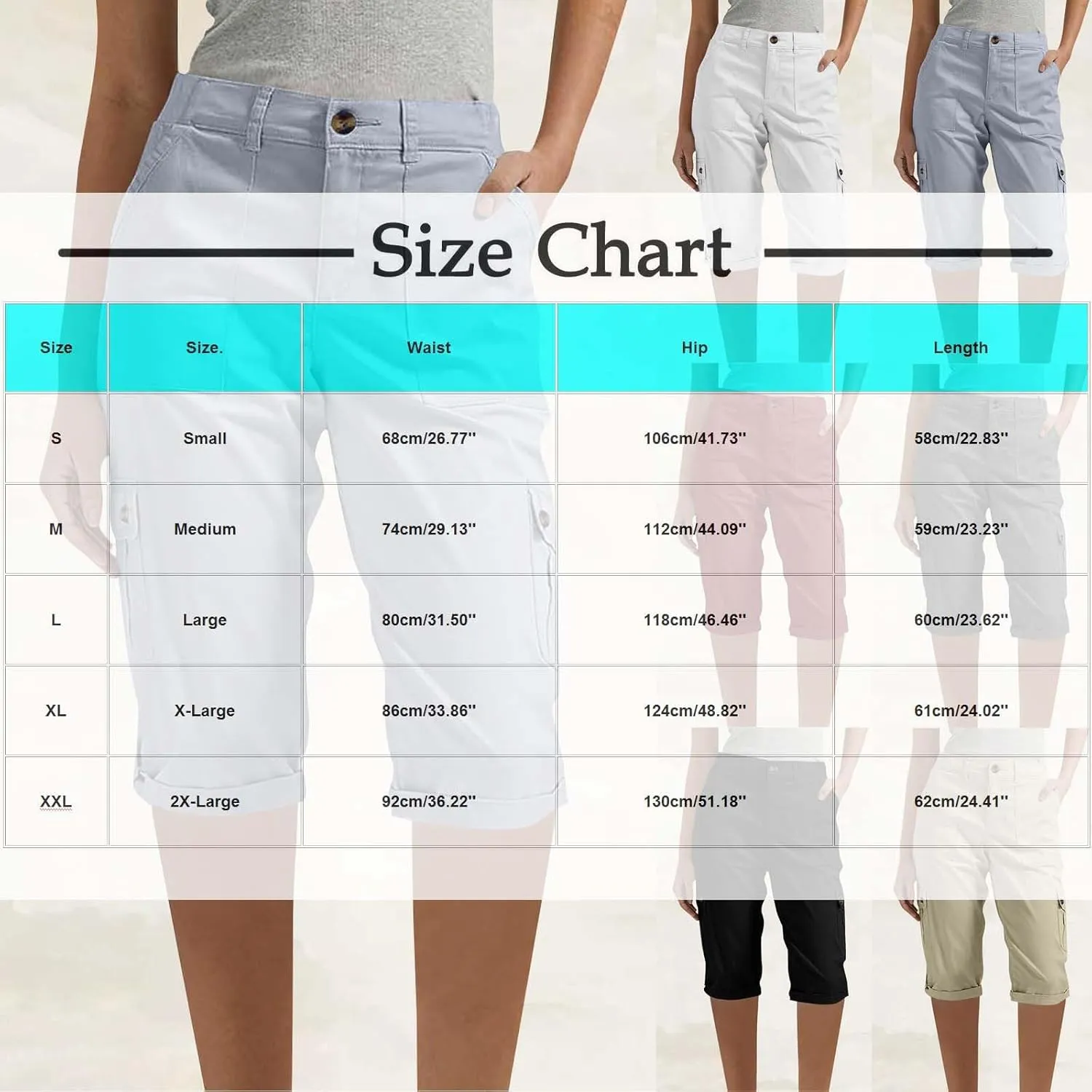 Women Cargo Capri Pants Summer Casual Cuffed Hem Capris Stretch Elastic Waist Cuffed Hem Cropped Pants with Pockets