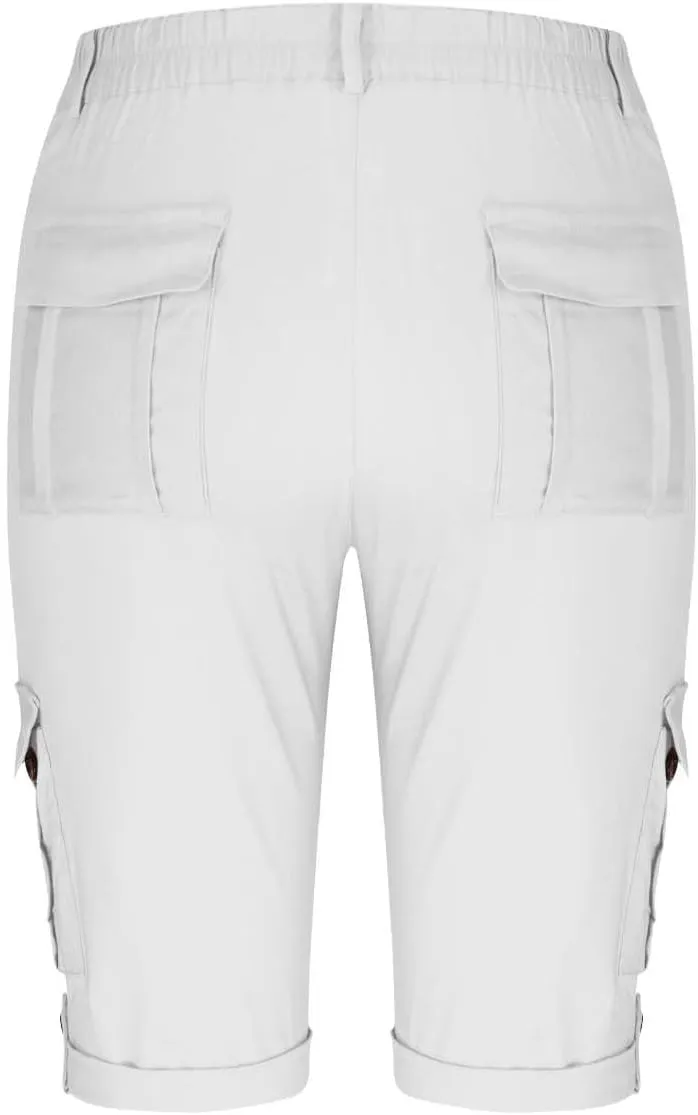 Women Cargo Capri Pants Summer Casual Cuffed Hem Capris Stretch Elastic Waist Cuffed Hem Cropped Pants with Pockets
