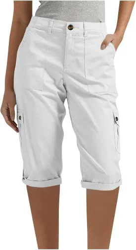 Women Cargo Capri Pants Summer Casual Cuffed Hem Capris Stretch Elastic Waist Cuffed Hem Cropped Pants with Pockets