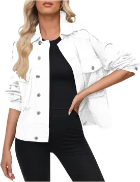 Women Cropped Denim Jackets Military Safari Button Up Lightweight Oversized Utility Anorak Cargo Jackets with Pockets