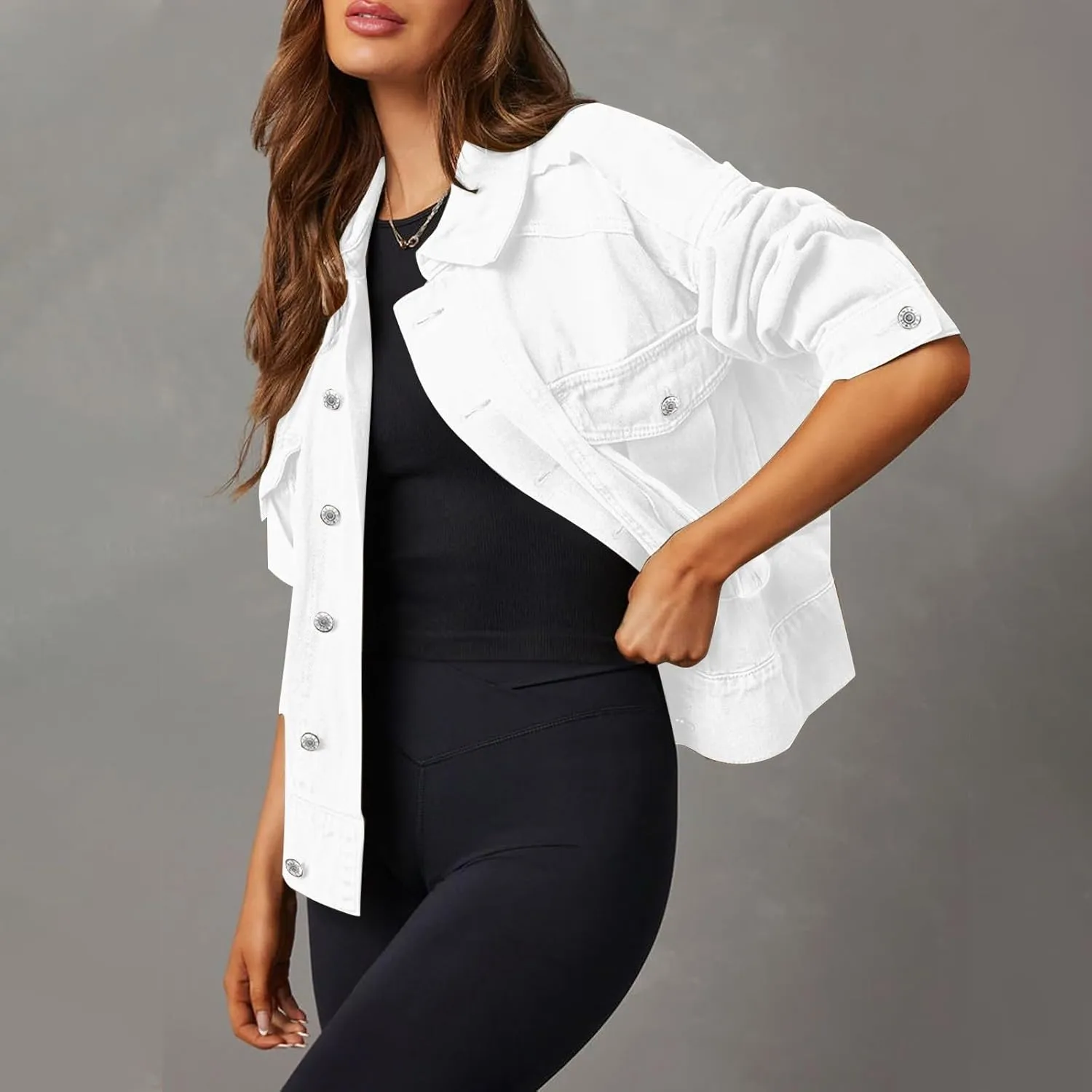 Women Cropped Denim Jackets Military Safari Button Up Lightweight Oversized Utility Anorak Cargo Jackets with Pockets
