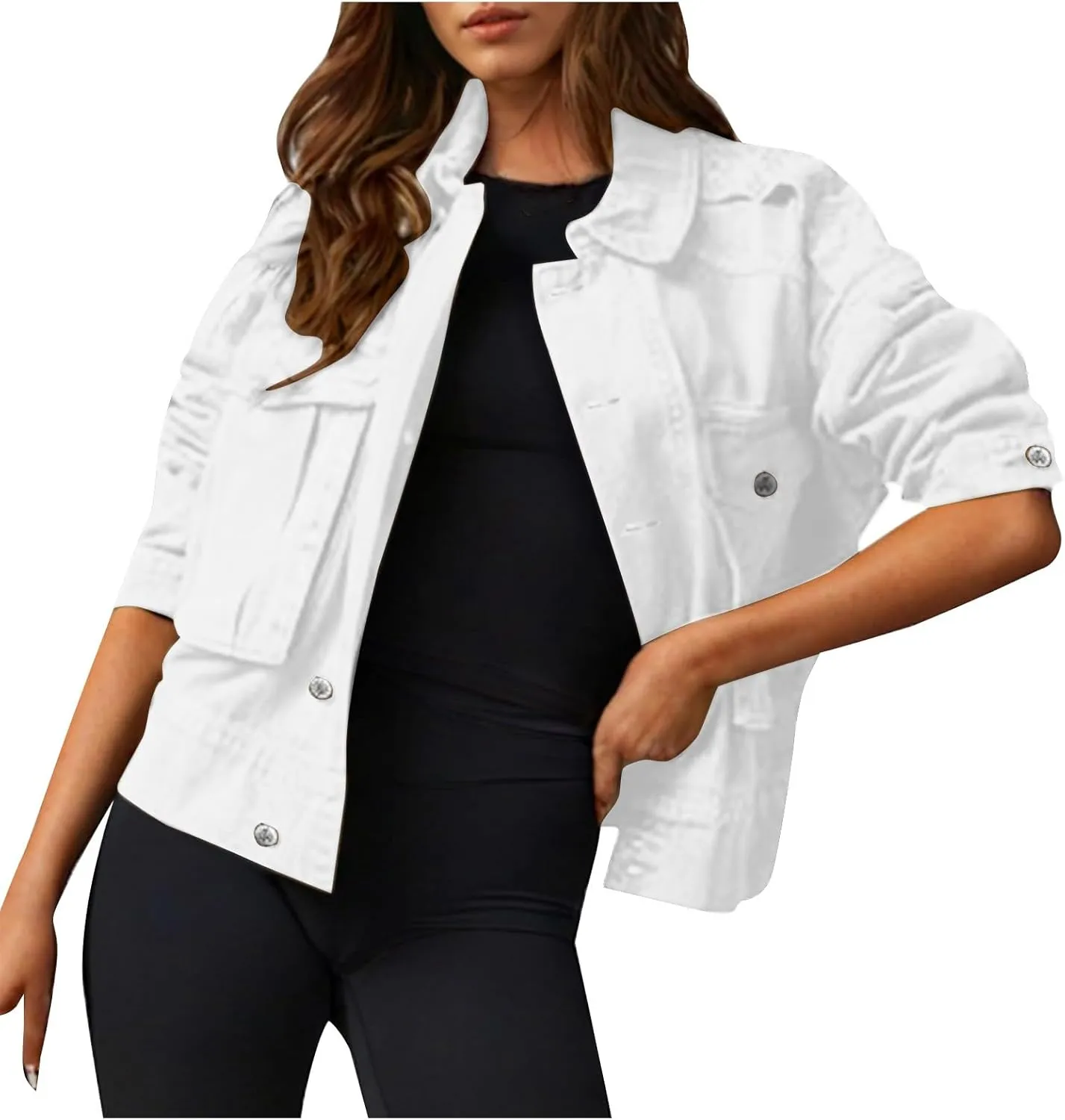 Women Cropped Denim Jackets Military Safari Button Up Lightweight Oversized Utility Anorak Cargo Jackets with Pockets
